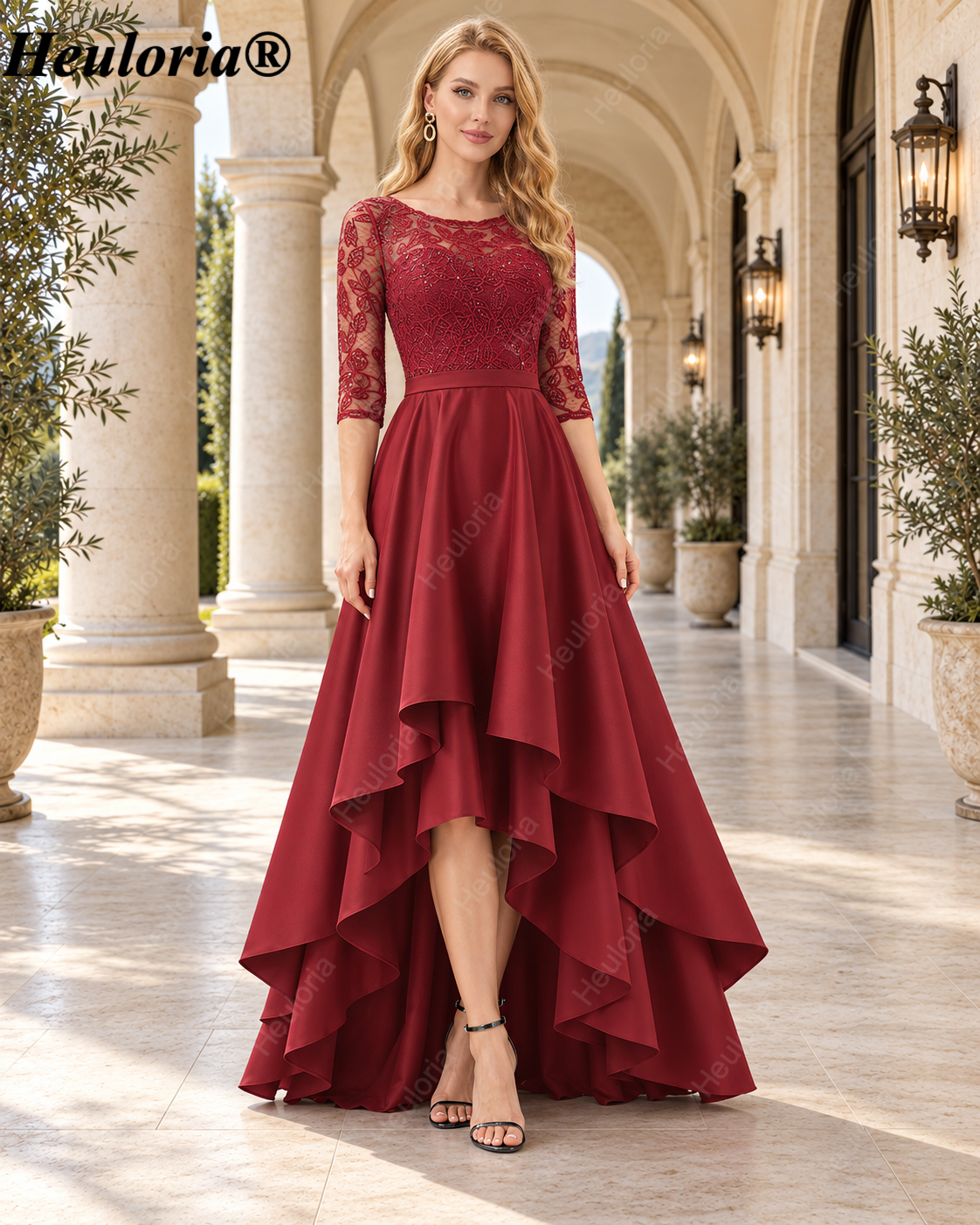 heuloria-Lace and Satin High-Low Evening Dress with Three-Quarter Sleeves-ed-172