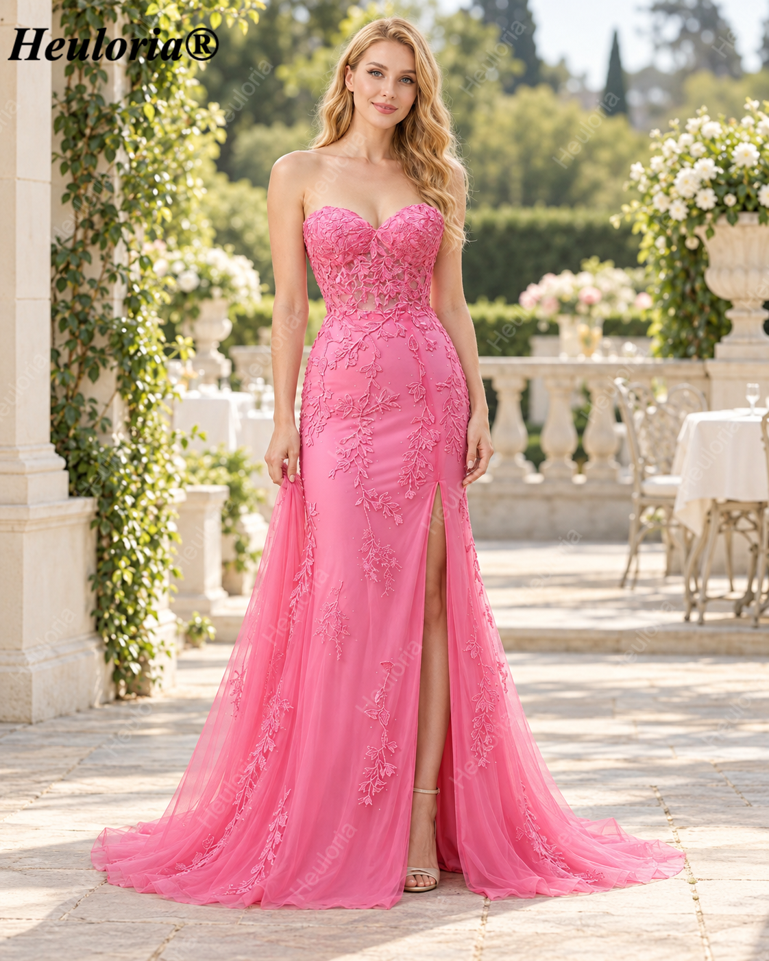 HEULORIA Lavender Strapless Lace Mermaid Prom Dress with High Slit ED-237