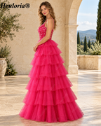 HEULORIA Fuchsia Beaded Sequin Tiered Tulle A-Line Prom Dress – ED-222