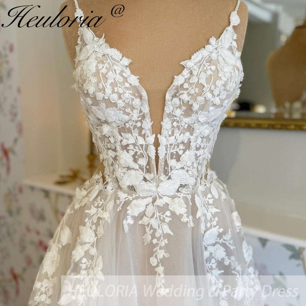 HEULORIA Spaghetti Straps a line Wedding Dress 3D flower Lace bridal dress  plug v neck Customized AL-810 Secondary image