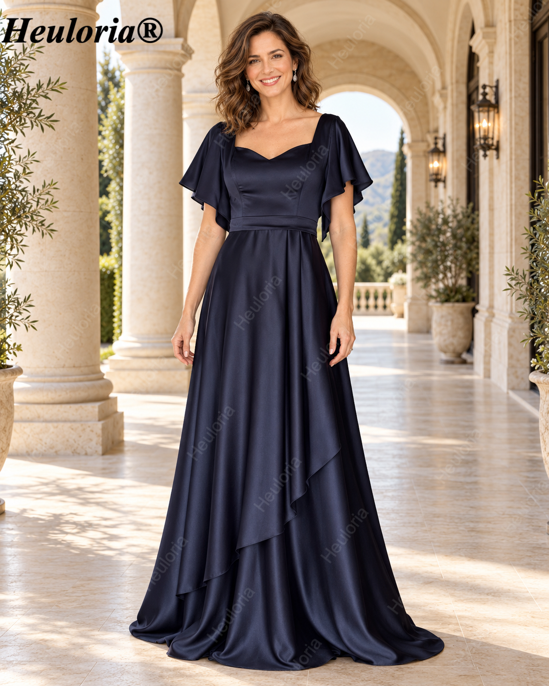 heuloria-Flutter Sleeve Satin Mother of the Bride Dress with Layered Skirts-ed-380