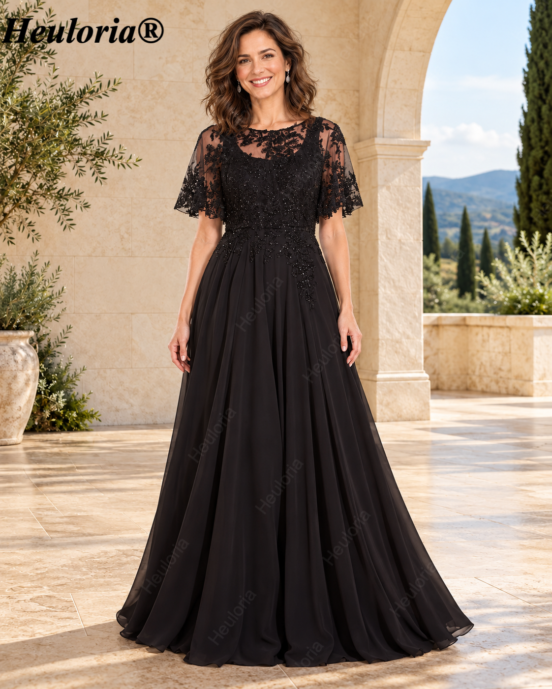 heuloria-Lace Applique Chiffon A-Line Mother of the Bride Dress with Cape-ed-378