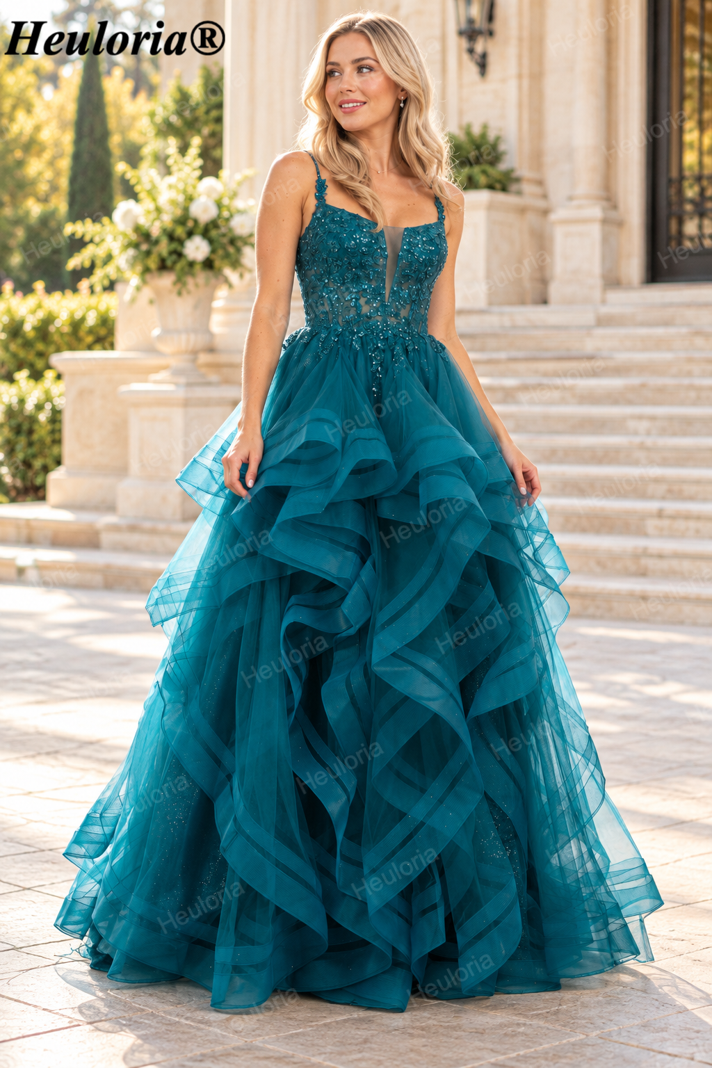 HEULORIA Teal Glitter Tulle A-Line Prom Dress with Beaded Sweetheart Corset and Tiered Ruffles ED-401 Imagen principal del producto