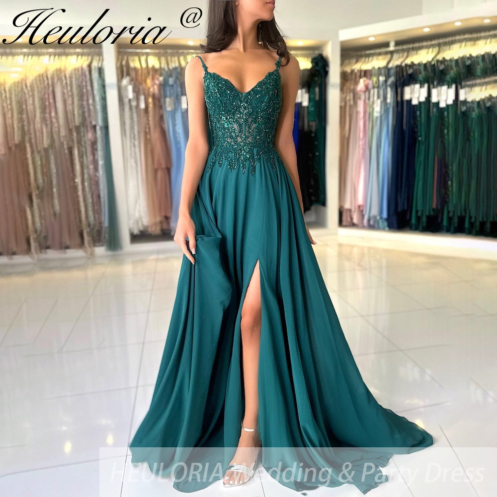 Green Chiffon Evening Dress Women Elegant Applique Suspenders Deep V-neck Backless Bridal Formal Long Ball Gowns Pageant Dress