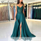 Green Chiffon Evening Dress Women Elegant Applique Suspenders Deep V-neck Backless Bridal Formal Long Ball Gowns Pageant Dress