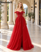 HEULORIA Red Off-the-Shoulder Lace Corset A-Line Tulle Prom Dress ED-351