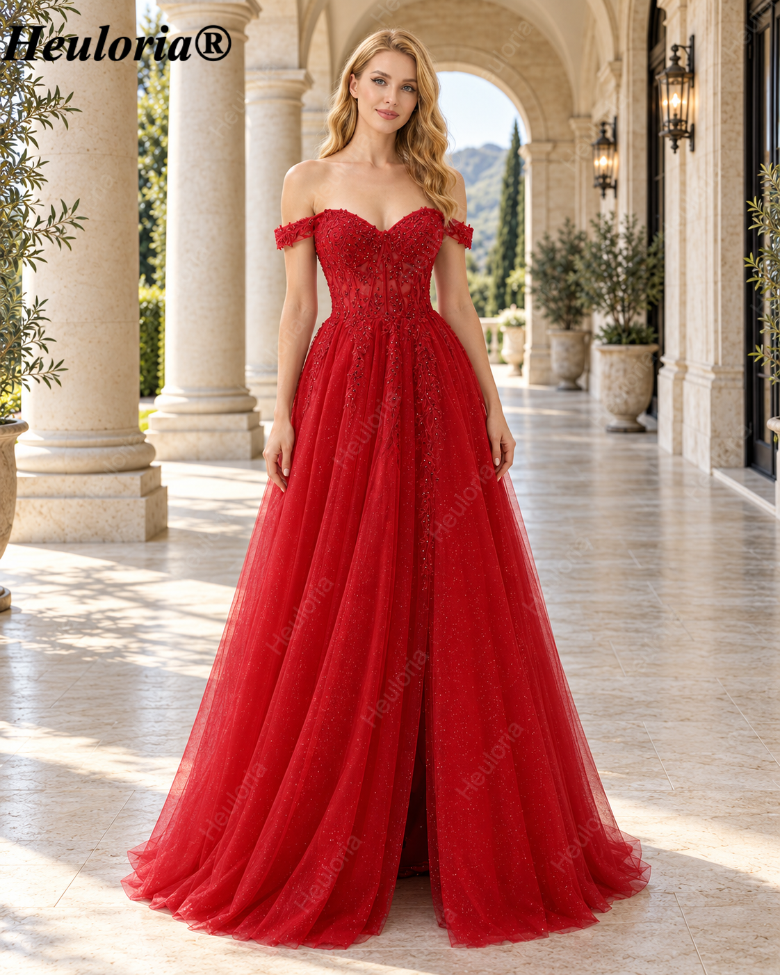 HEULORIA Red Off-the-Shoulder Lace Corset A-Line Tulle Prom Dress ED-351