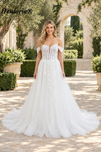 Off-Shoulder 3D Floral Glitter A-Line Wedding Dress with Corset AL-1068