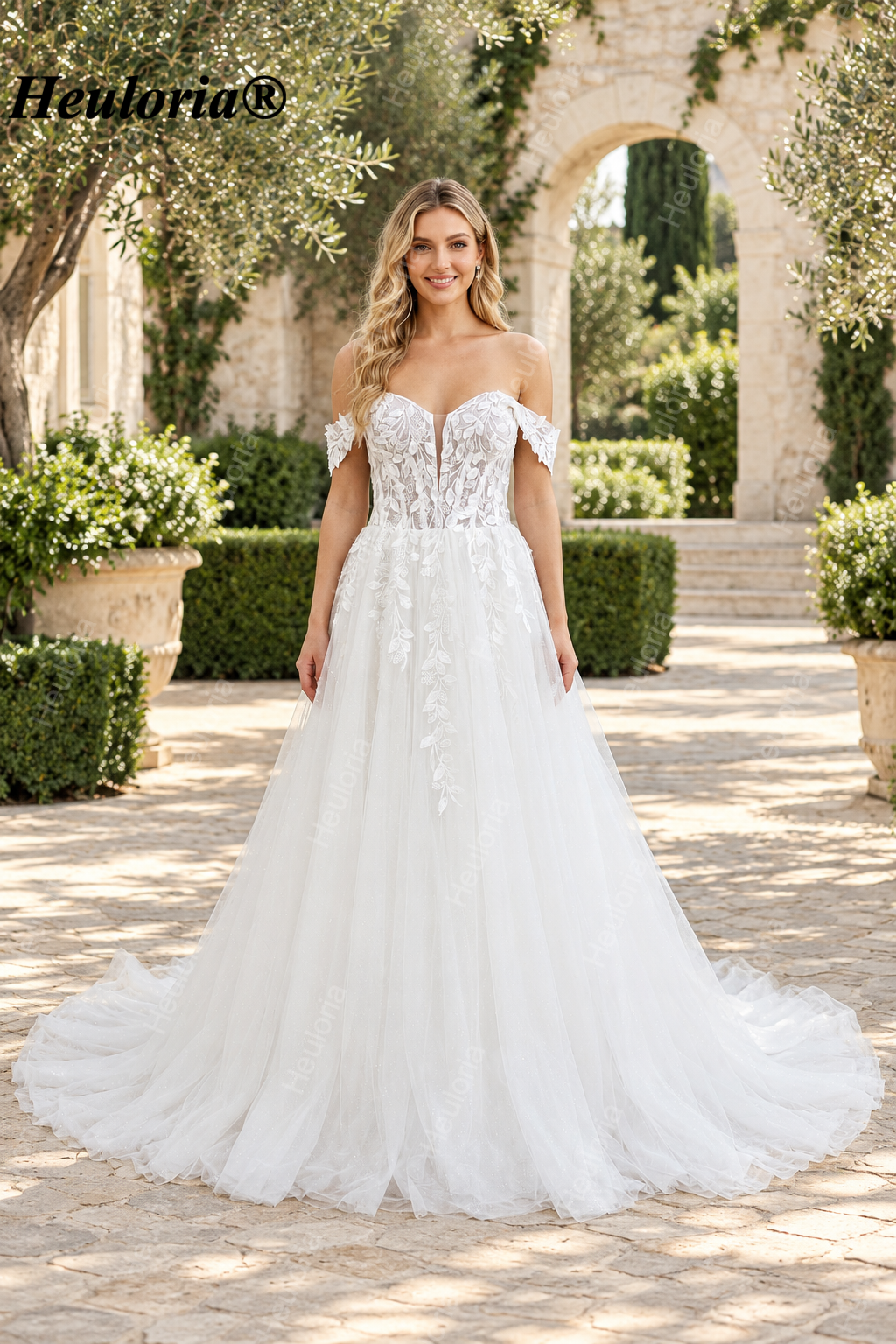 Off-Shoulder 3D Floral Glitter A-Line Wedding Dress with Corset AL-1068