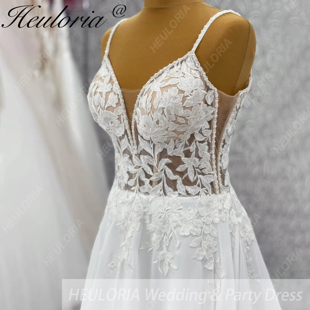 HEULORIA Ethereal V-Neck A-Line Lace Wedding Dress with Delicate Spaghetti Straps and Illusion Bodice #AL-997