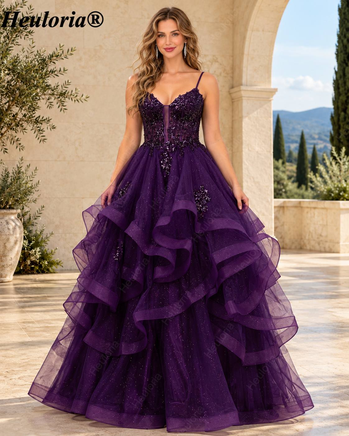 HEULORIA Sparkly Floral Applique Tiered Tulle Ball Gown Prom Dress with Lace-Up Back ED-409