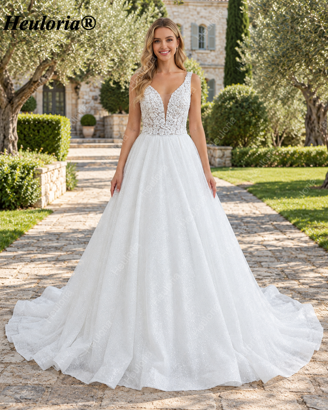 Floral Lace Deep V A-Line Wedding Dress with Glitter Tulle AL-1091 Imagen principal del producto