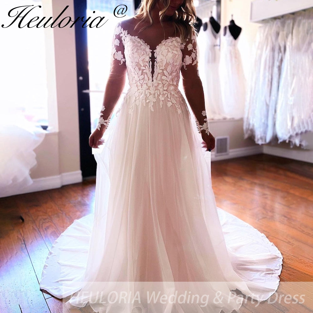 HEULORIA A line Wedding Dress long sleeve lace bride dress plus size robe de mariee  A line Wedding Bridal Gown AL-QK279 Main image