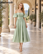 HEULORIA Sage Green Off-Shoulder Satin Tea-Length Bridesmaid Dress ED-541