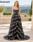 HEULORIA Strapless Sweetheart Floral Tiered Tulle Prom Dress ED-573