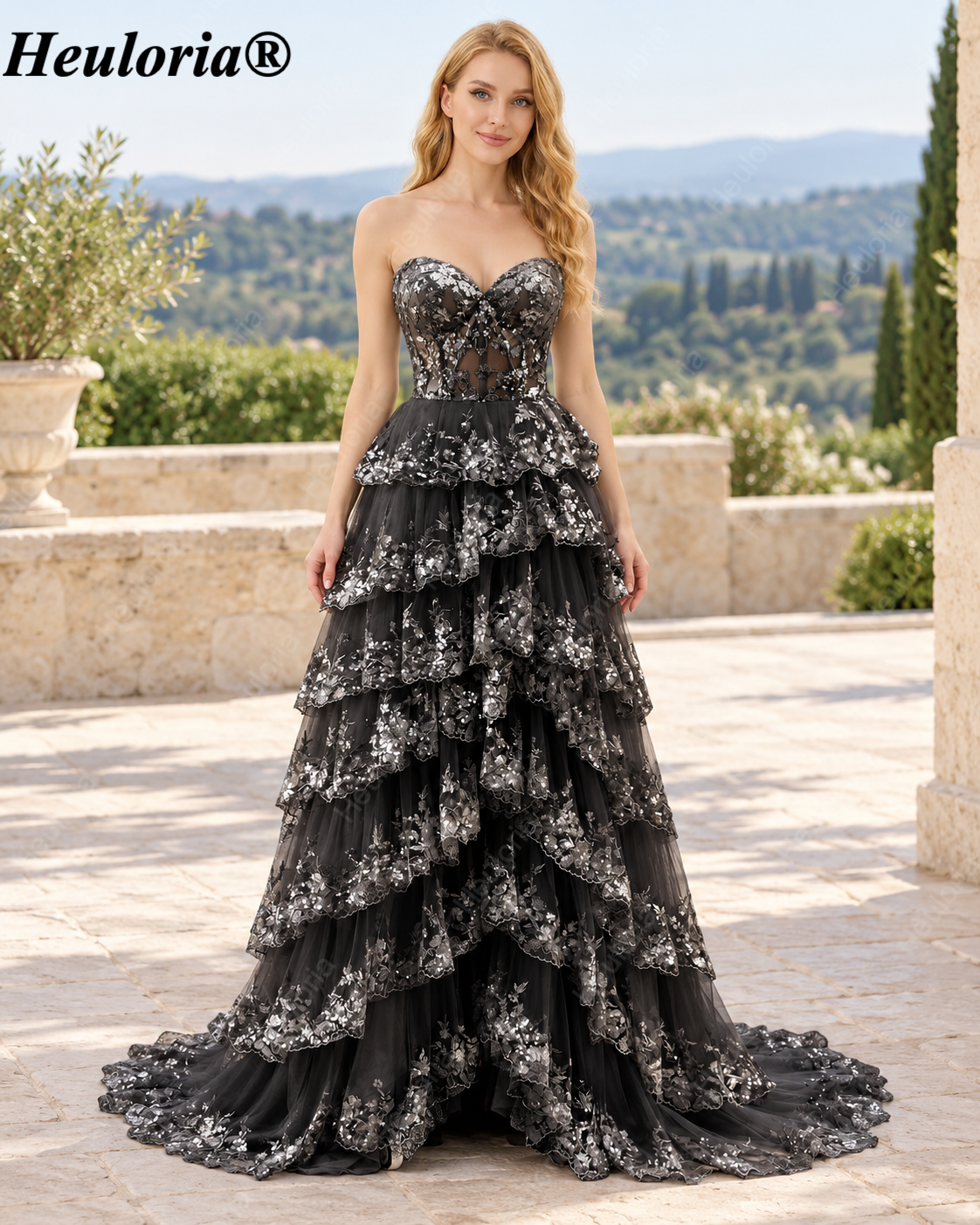HEULORIA Strapless Sweetheart Floral Tiered Tulle Prom Dress ED-573