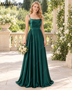 HEULORIA Dark Green Spaghetti Strap Ruched Satin A-Line Bridesmaid Dress ED-260