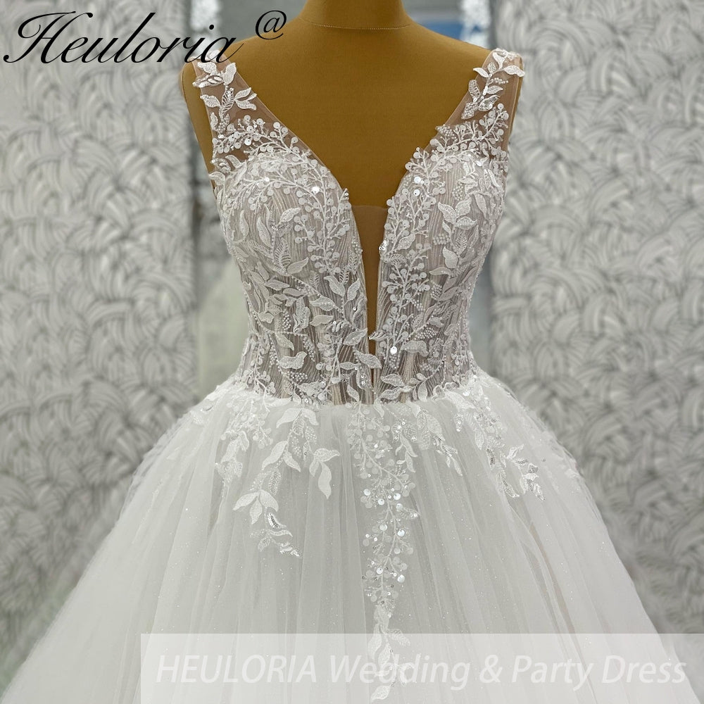 HEULORIA V Neck Sleeveless A lineWedding Dress Boho Lace Appliques Tulle Long Bridal Gowns Backless Vestidos de Novia Customized AL-1036 Secondary image