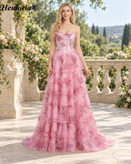 HEULORIA Blue and White Floral Strapless Tiered Organza Ball Gown Prom Dress – ED-233