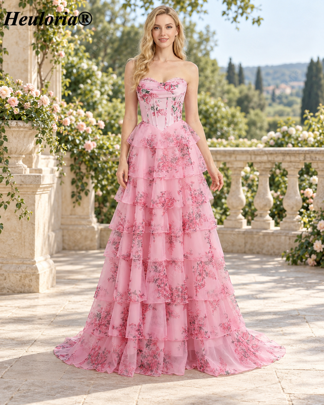 HEULORIA Blue and White Floral Strapless Tiered Organza Ball Gown Prom Dress – ED-233