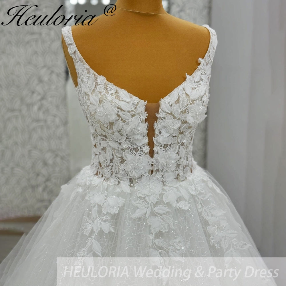 HEULORIA V Neck Sleeveless A line Wedding Dress Boho Lace Appliques Tulle Long Bridal Gowns Backless Vestidos de Novia Customized AL-1105