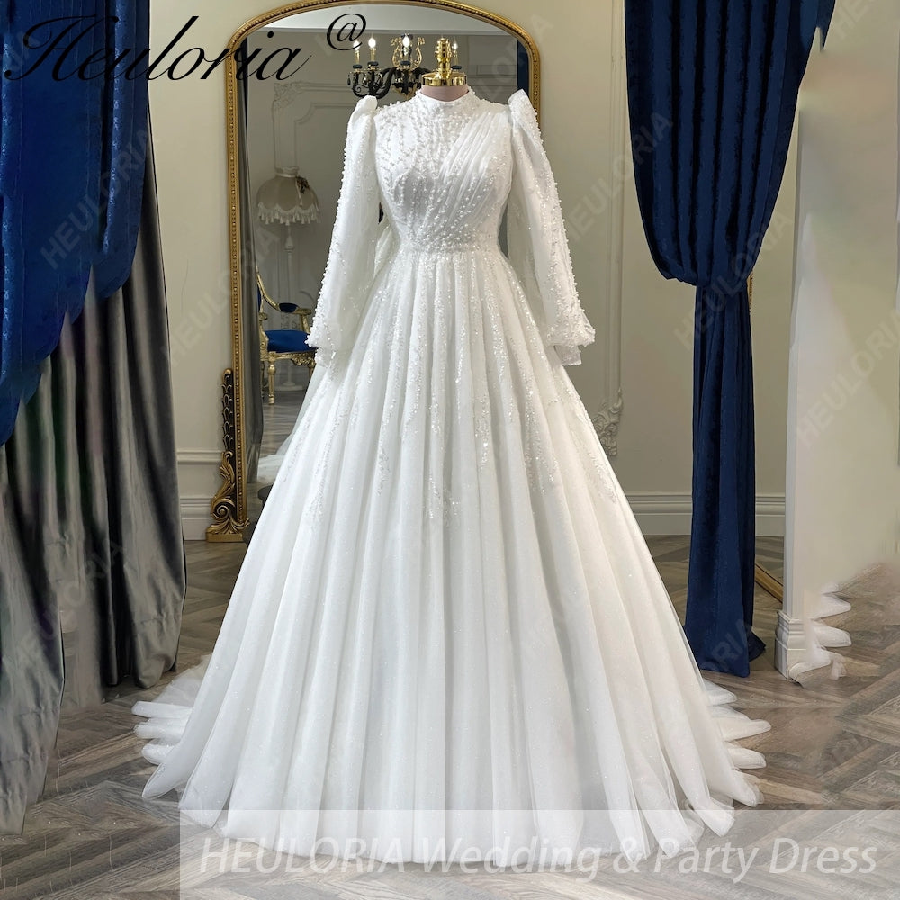 HEULORIA Regal High-Neck Beaded Wedding Dress: Sparkling Sequin A-Line Gown with Bishop Sleeves Muslim wedding dress  BA-1205