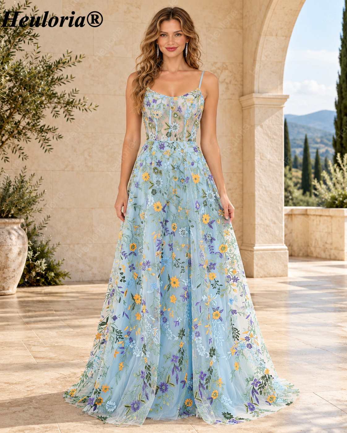HEULORIA Light Blue Floral Embroidered Tulle A-Line Prom Dress with Spaghetti Straps, High Slit and Lace-Up Back ED-591
