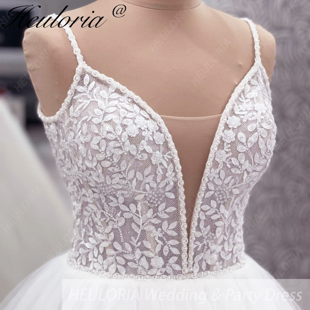 Heuloria Romantic Leafy Lace A-Line Wedding Dress: Plunge V-Neck & Sequined Tulle with Corset Back AL-1031