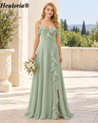 HEULORIA Romantic Dusty Sage Tiered Tulle V-Neck Prom Dress with Floral Ruffled Straps ED-560