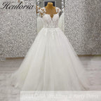 HEULORIA A line Wedding Dress V Neck Sleeveless Boho Lace Appliques Tulle Long Bridal Gowns  Customized AL-1000