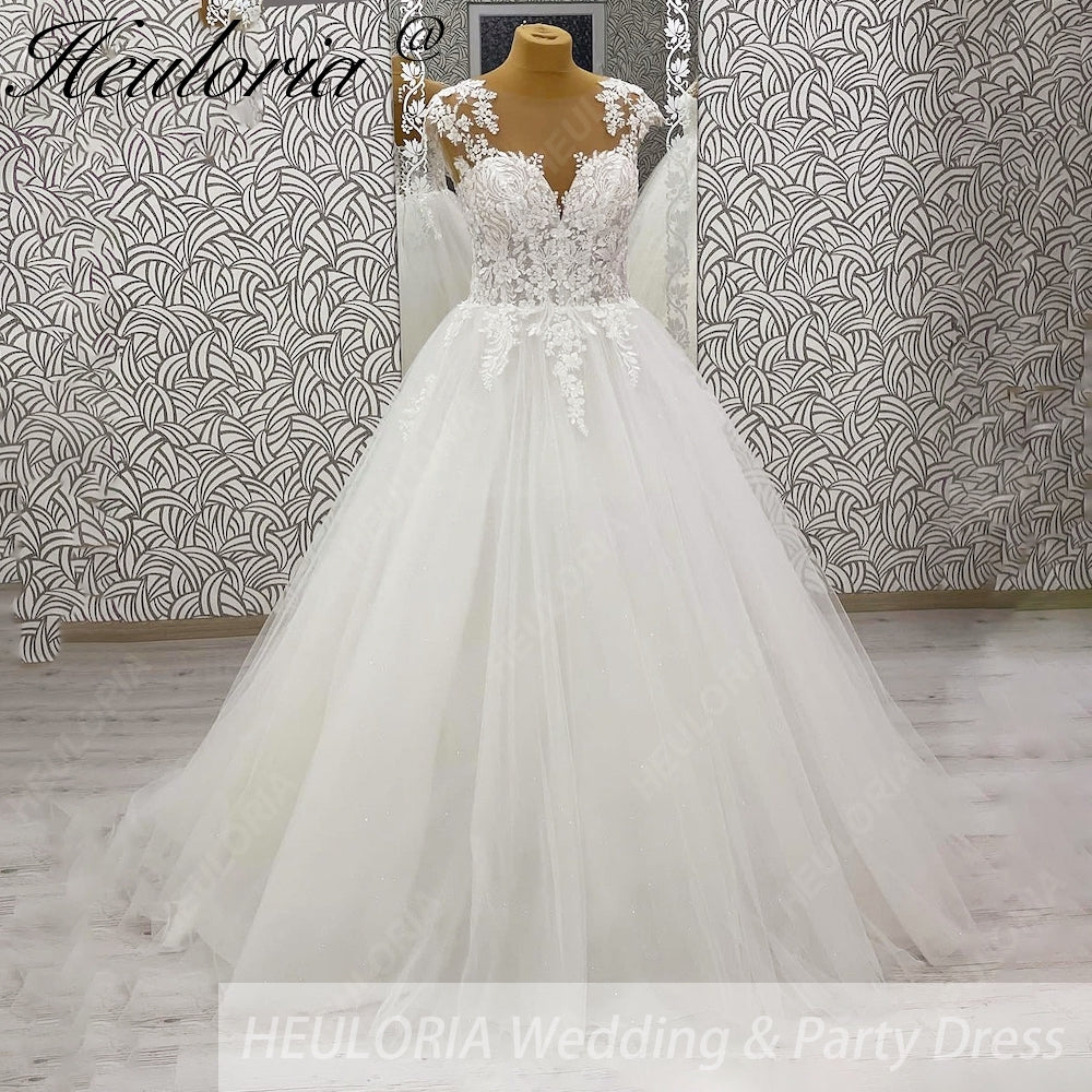 HEULORIA A line Wedding Dress V Neck Sleeveless Boho Lace Appliques Tulle Long Bridal Gowns  Customized AL-1000