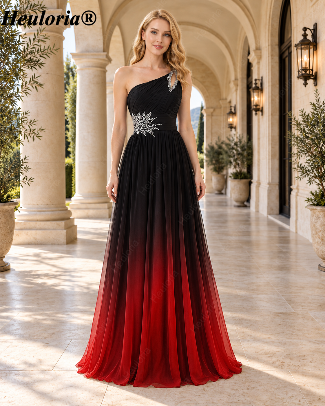 HEULORIA Beaded One-Shoulder Chiffon A-Line Evening Dress with Lace-Up Back – ED-7 Main image