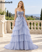 HEULORIA Sequin Lace Tiered Tulle Prom Dress with Spaghetti Straps ED-577