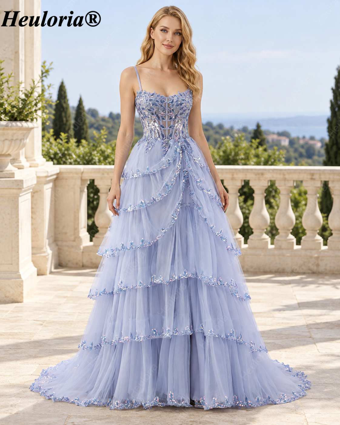 HEULORIA Sequin Lace Tiered Tulle Prom Dress with Spaghetti Straps ED-577