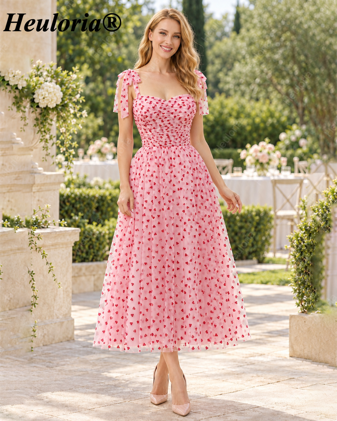 HEULORIA Romantic Pink Heart Print Tulle Tea Length Dress with Sweetheart Neckline and Bow Straps ED-581