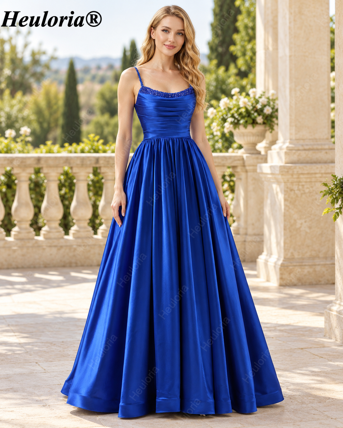 HEULORIA Royal Blue Satin A-Line Prom Dress with Beaded Scoop Neck and Lace-Up Back ED-523 Image principale du produit