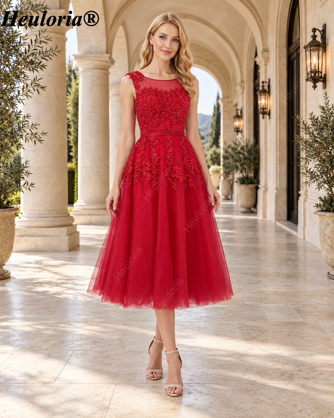 HEULORIA Red Beaded Lace Illusion Neck A-Line Tea-Length Bridesmaid Dress – ED-75