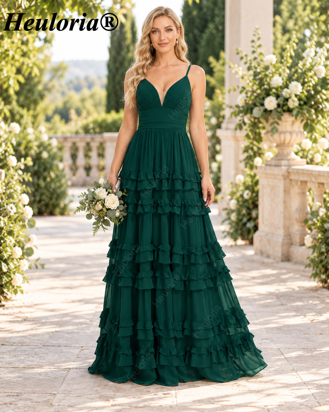 HEULORIA Dark Green Deep V-Neck Tiered Chiffon A-Line Bridesmaid Dress ED-242 Immagine principale del prodotto