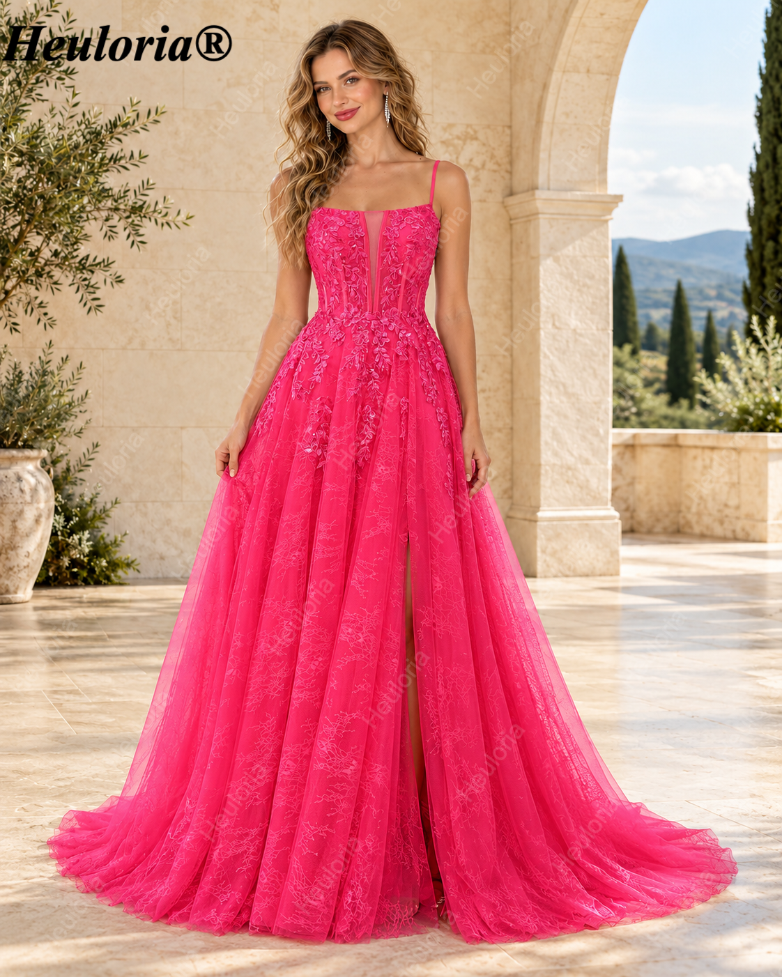 HEULORIA Fuchsia Lace A-Line Prom Dress with Illusion Corset Bodice and Lace-Up Back ED-374 Main image