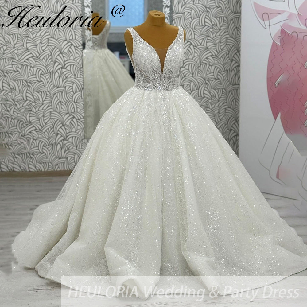 HEULORIA Sparkly Glitter Wedding dress V neck 2025 Luxury Women Church Beach Bride Dresses Floral Lace Customized BA-1019