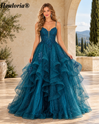 HEULORIA Sparkly Floral Applique Tiered Tulle Ball Gown Prom Dress with Lace-Up Back ED-409