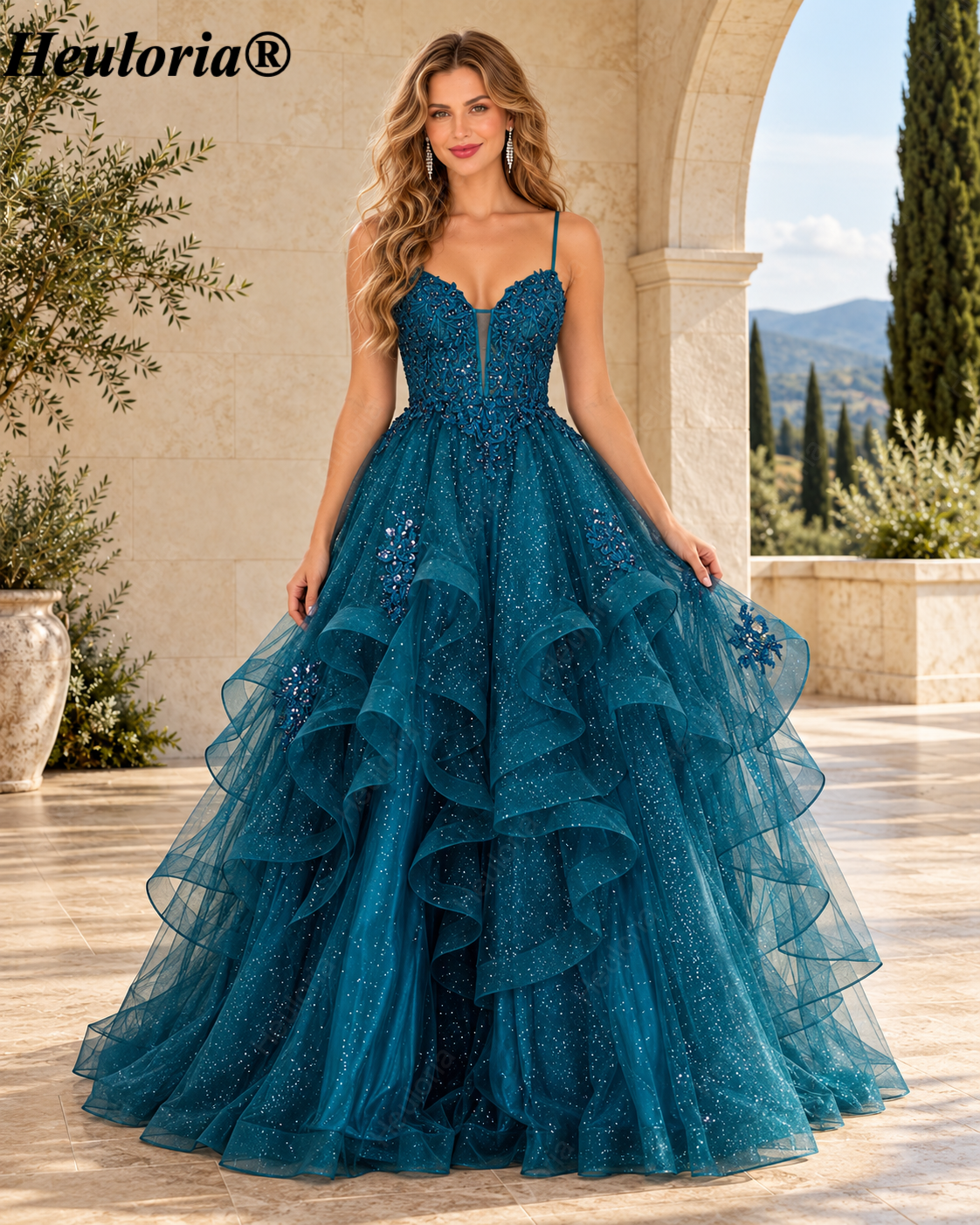 HEULORIA Sparkly Floral Applique Tiered Tulle Ball Gown Prom Dress with Lace-Up Back ED-409