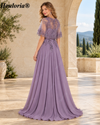 heuloria-Lace Applique Chiffon A-Line Mother of the Bride Dress with Cape-ed-378