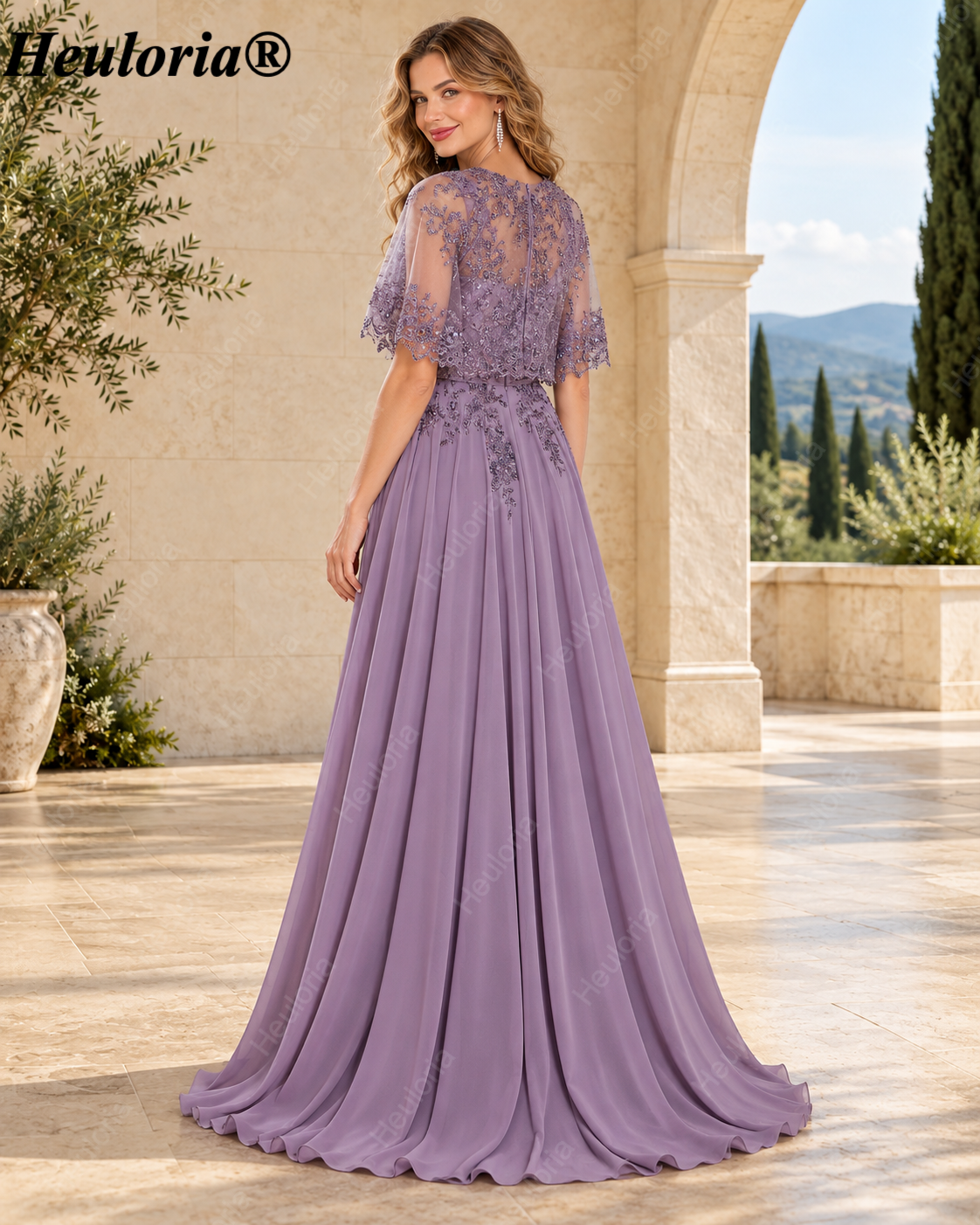 heuloria-Lace Applique Chiffon A-Line Mother of the Bride Dress with Cape-ed-378
