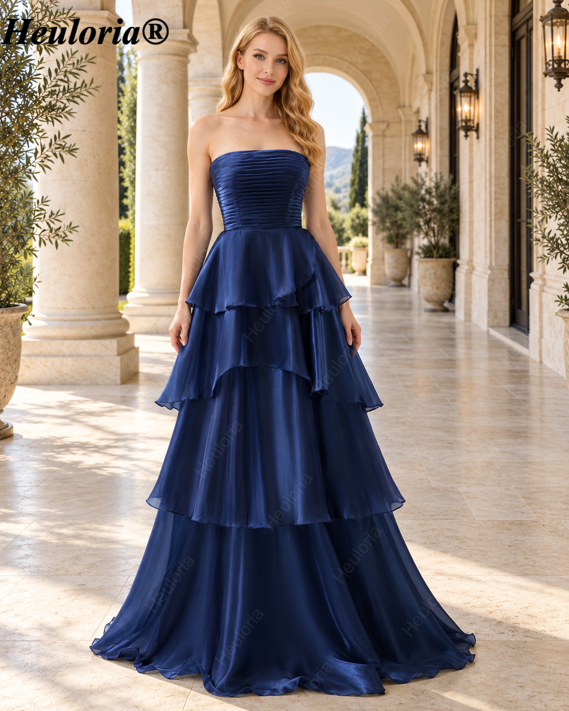 heuloria-Dark Navy Strapless Pleated Tiered A-Line Gown-ed-562