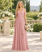HEULORIA Dusty Rose Cold-Shoulder Chiffon A-Line Bridesmaid Dress with Slit – ED-258