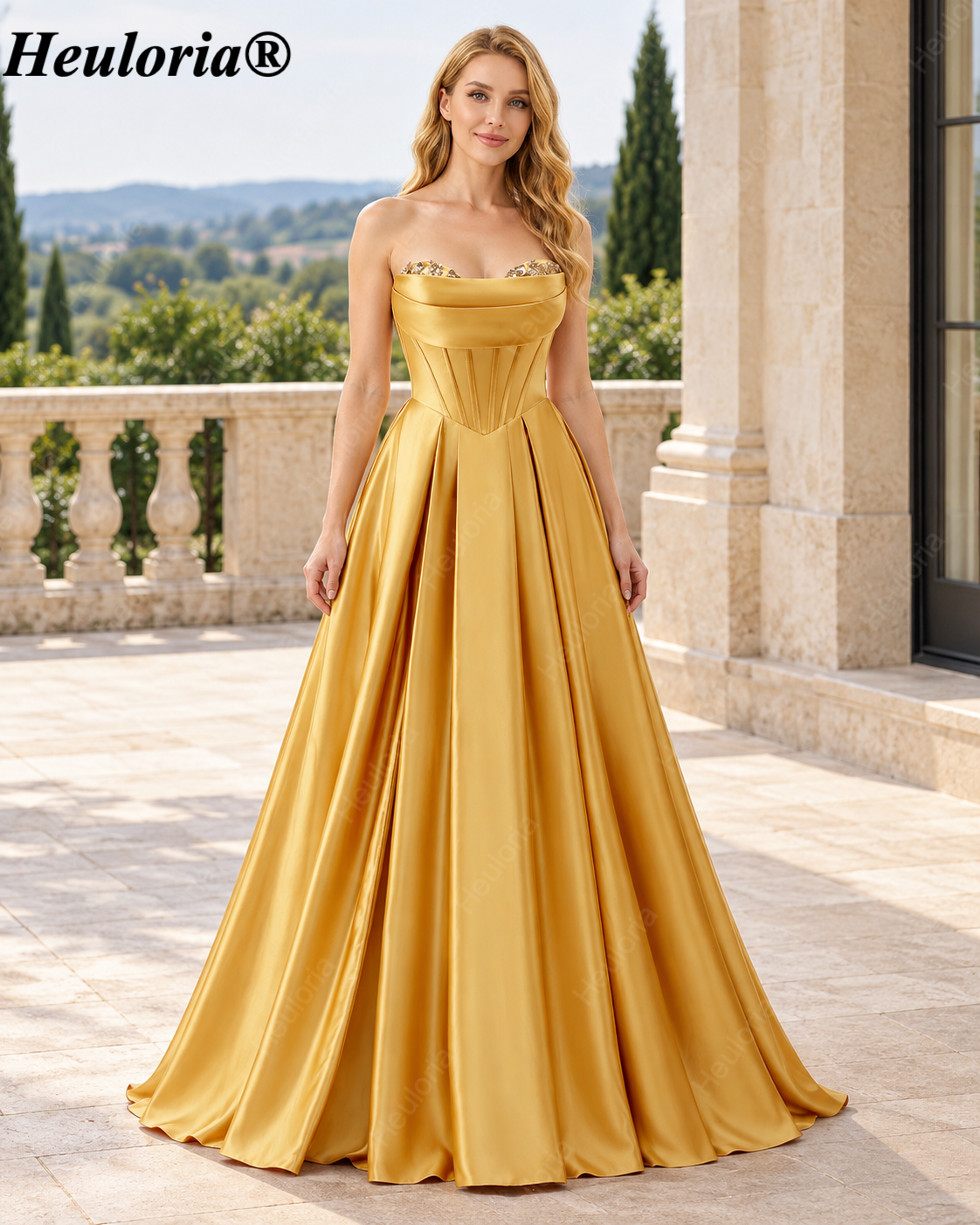 HEULORIA Strapless Gold Satin Ball Gown with Beaded Corset Bodice and Pleated Skirt Evening Dress ED-516 Image principale du produit