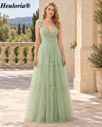 Heuloria Dusty Sage Deep V-Neck Tiered Tulle A-Line Prom Dress with 3D Ruffle Straps ED-561