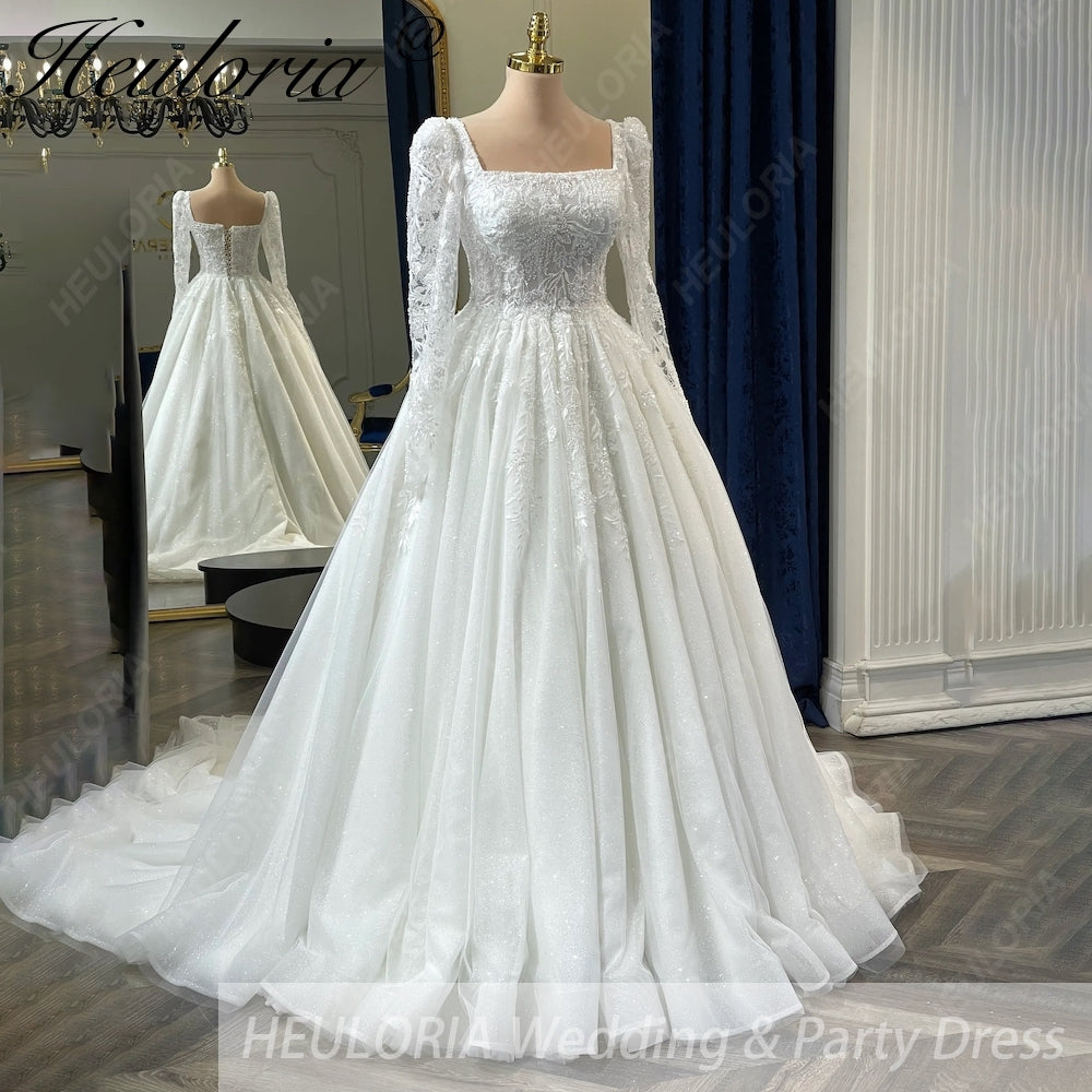 HEULORIA Elegant Square Neck Long Sleeve Lace A-Line Wedding Dress with Shimmer Tulle and Cathedral Train BA-1210