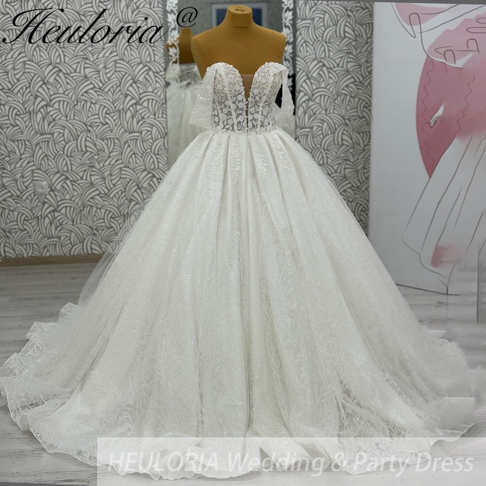 HEULORIA Sparkly Glitter Wedding dress Off The Shoulder 2025 Luxury Women Church Beach Bride Dresses Floral Lace Customized BA-1100 Immagine principale del prodotto